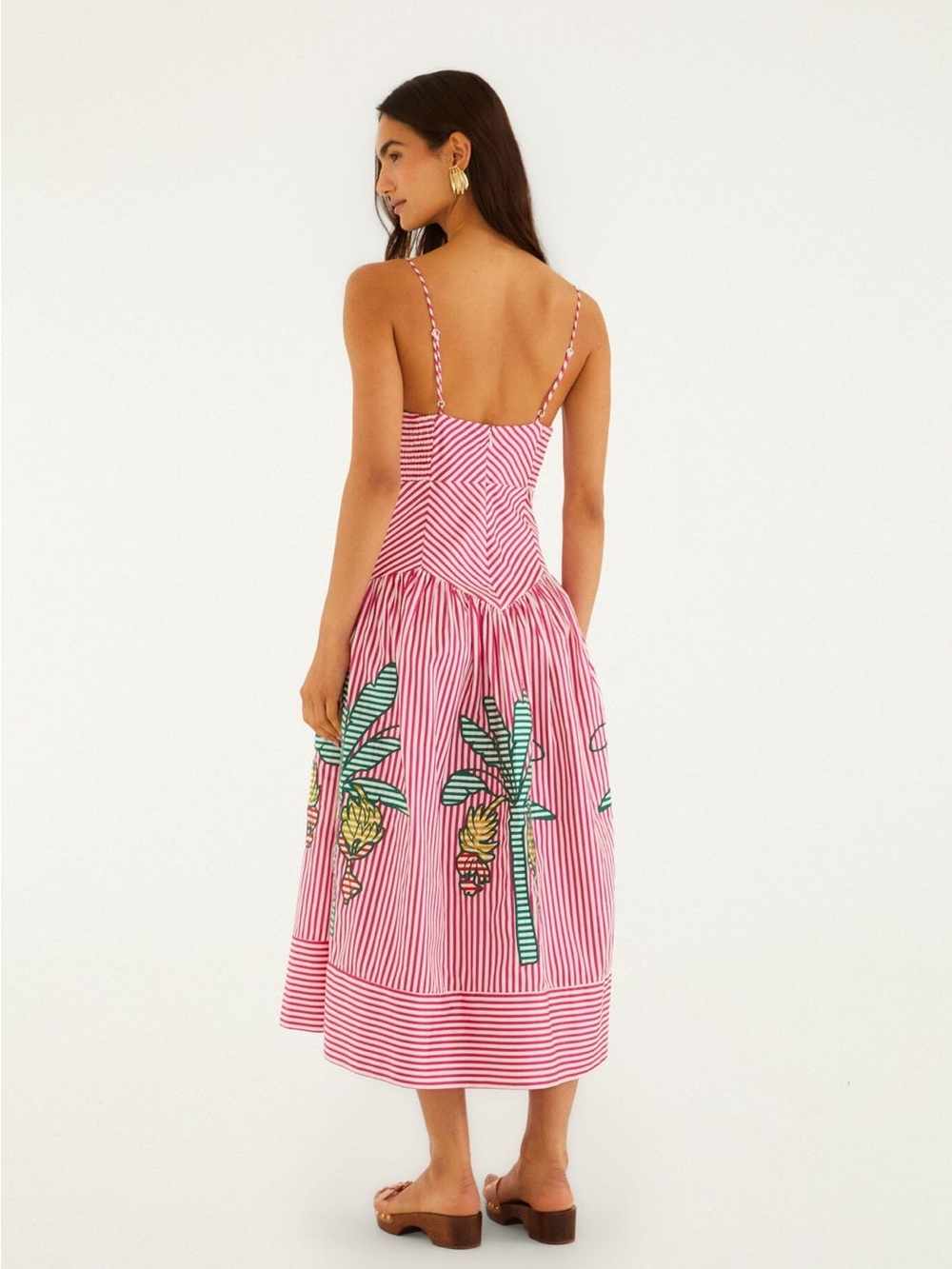 Farm Rio Pink Palm Tree Stripes Cutwork Midi Dress Medium - Picture 4 of 9